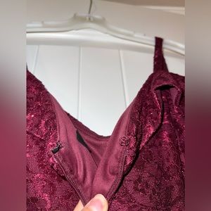 Off-the-shoulder Lace Merlot (Burgundy) color Gown.